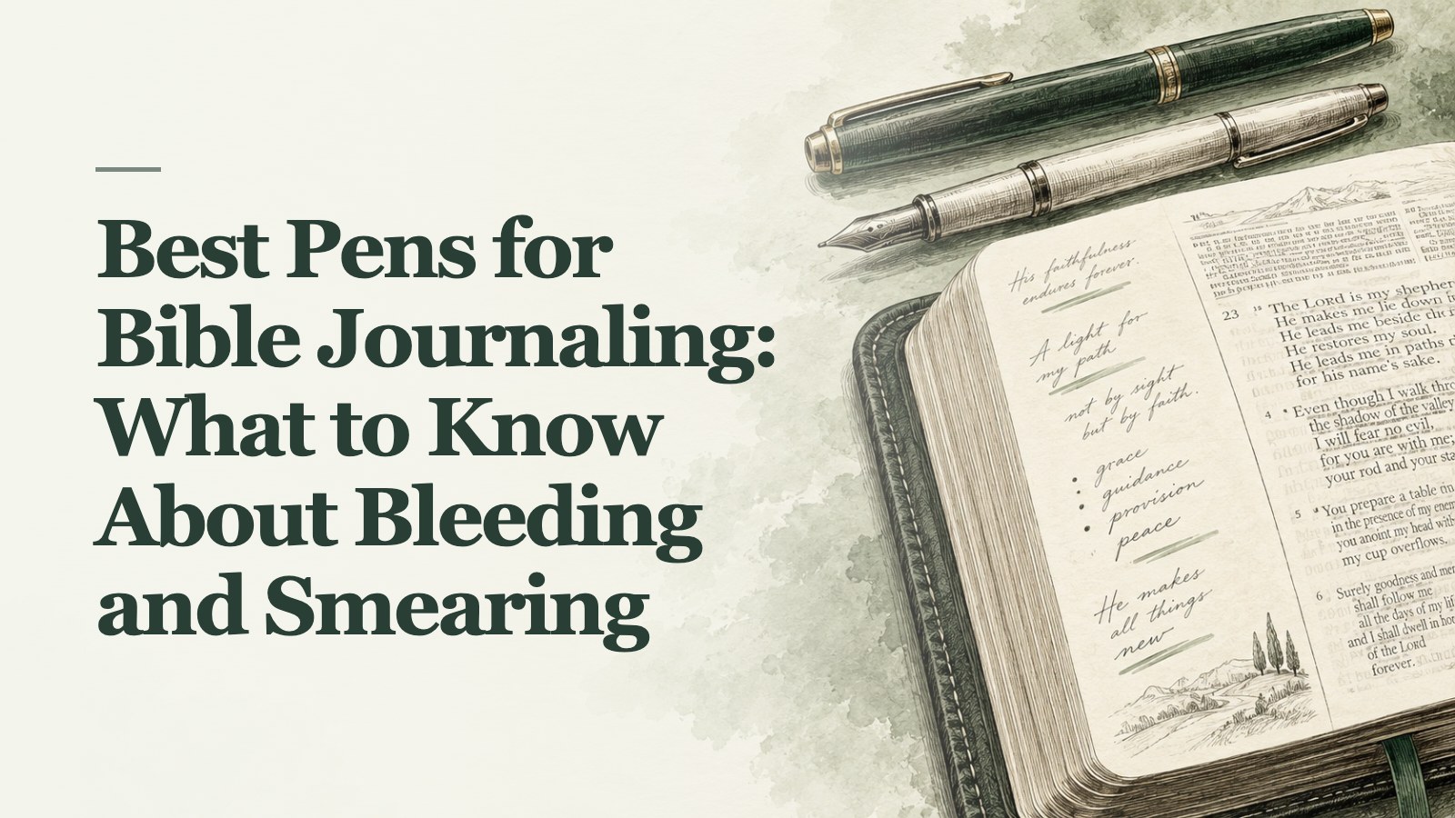 Best Pens for Bible Journaling: What to Know About Bleeding and Smearing over a soft AI-created background of an original topic-specific editorial illustration of two fine writing pens above a small cream Bible margin filled with delicate handwriting and a few controlled green underline strokes.
