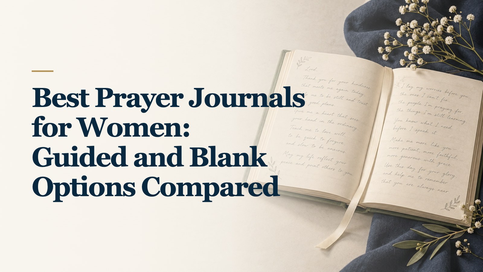 Best Prayer Journals for Women: Guided and Blank Options Compared over a soft AI-created background of an original topic-specific editorial illustration of one sage cloth prayer journal open to quiet handwritten prayer lines with one cream ribbon bookmark.