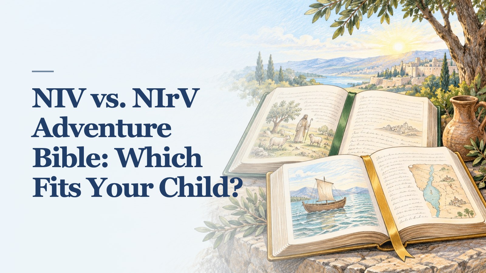 NIV vs. NIrV Adventure Bible: Which Fits Your Child? over a soft AI-created background of an original topic-specific editorial illustration of two open generic children's full-text Bibles side by side, one with a moss-green ribbon and one with a gold ribbon; quiet page writing and a small simple original map sketch.