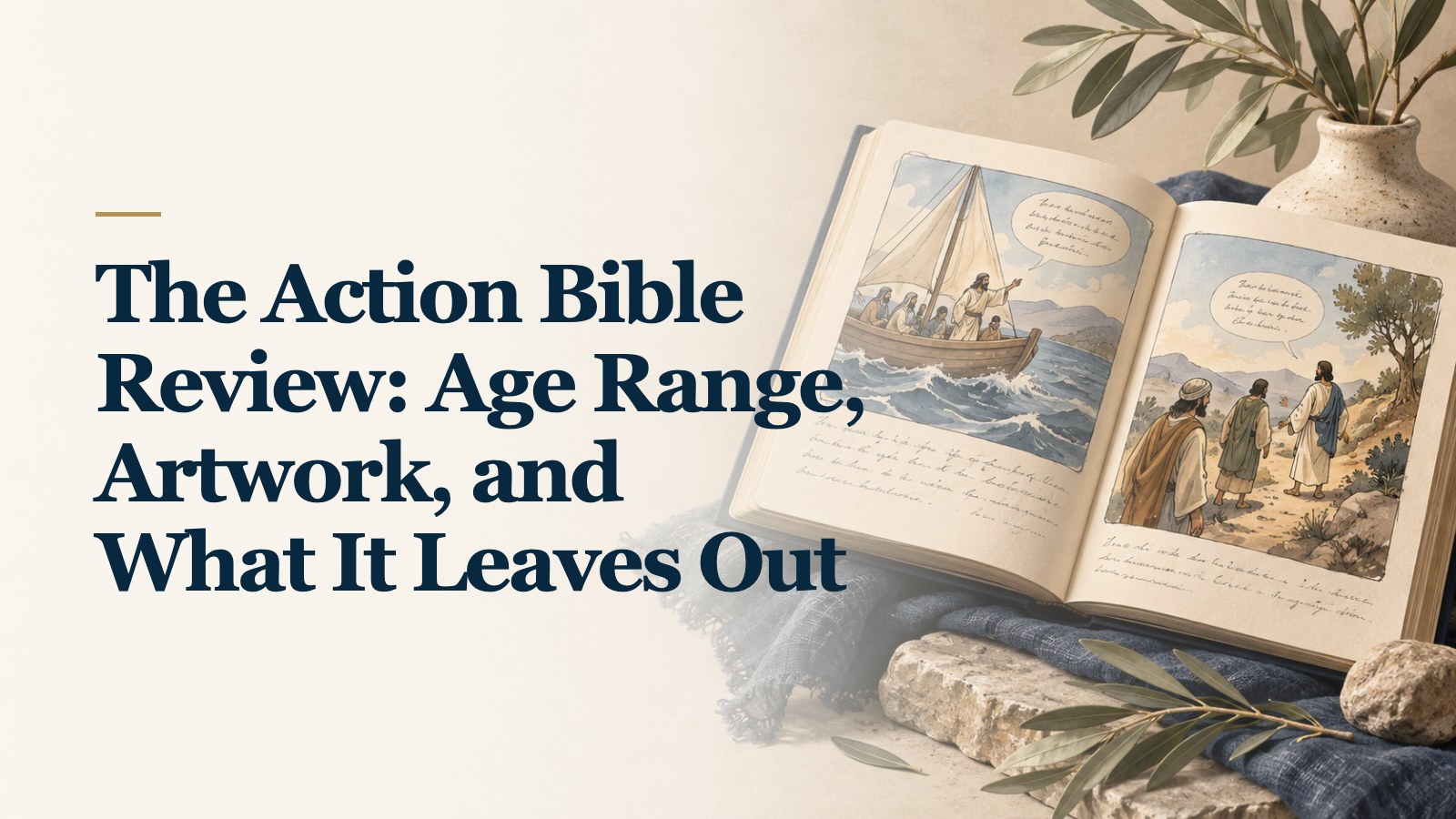 The Action Bible Review: Age Range, Artwork, and What It Leaves Out over a soft AI-created background of an original illustrated Bible storybook with quiet comic panels.