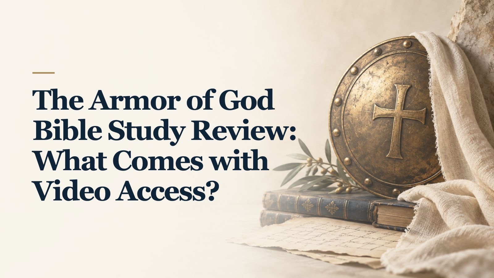 The Armor of God Bible Study Review: What Comes with Video Access? over a soft AI-created background of a small brass shield with a subtle cross and an ivory linen strip.