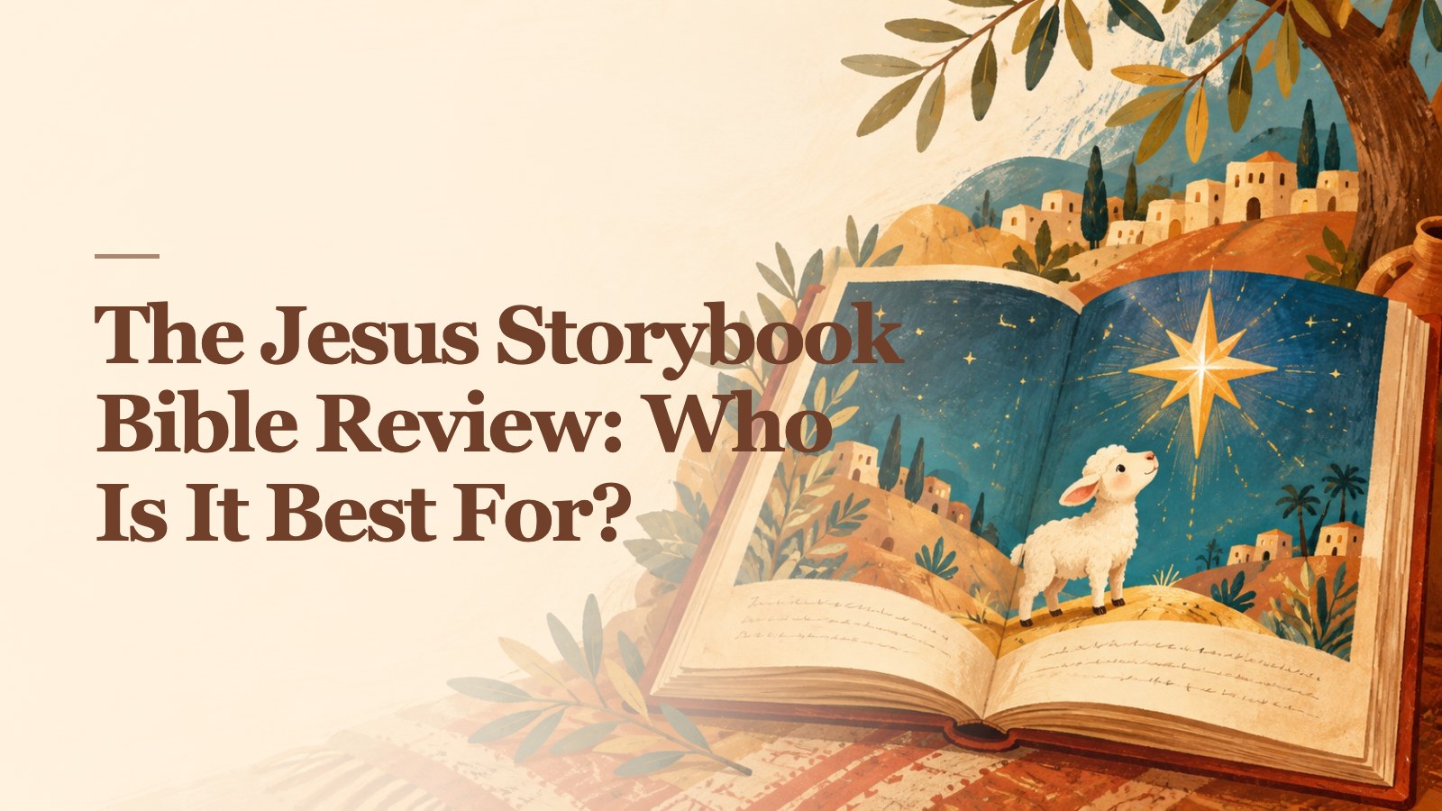 The Jesus Storybook Bible Review: Who Is It Best For? over a soft AI-created background of an original topic-specific editorial illustration of an original open children's storybook showing a tiny lamb beneath a large painted golden star; gentle child-friendly storytelling illustration, no recognizable published art.